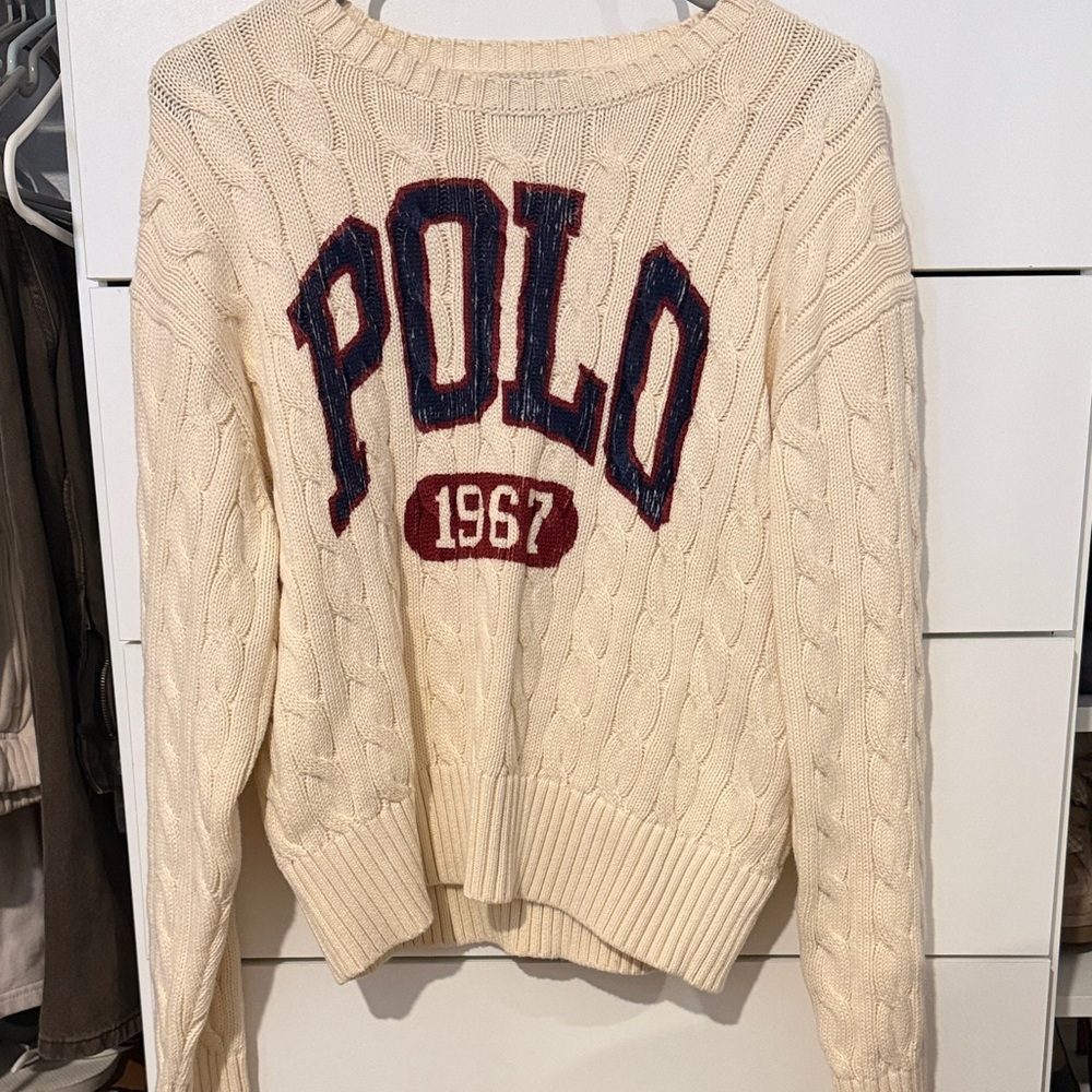 Ralph Lauren Women’s Cotton Cream Cable Knit Sweater with Red and Blue Logo